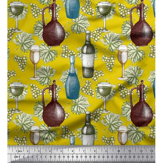Soimoi Modal Satin Fabric Wine Bottle,Leaves & Grapes Fruits Decor Fabric Printed Yard 42 Inch Wide