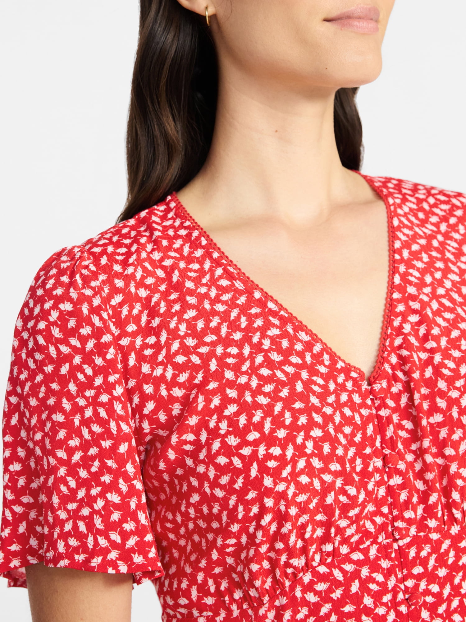 Time and Tru Women's Empire Waist Midi Dress with Short Sleeves, Sizes XS-XXXL