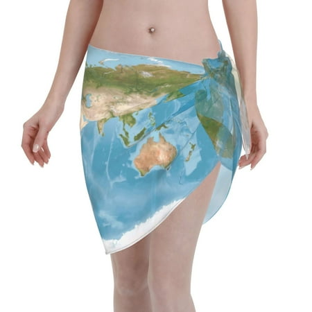 Qekee Earth View World Map Women s Short Sarongs Cover Ups Sheer Bikini Wraps for Swimwear