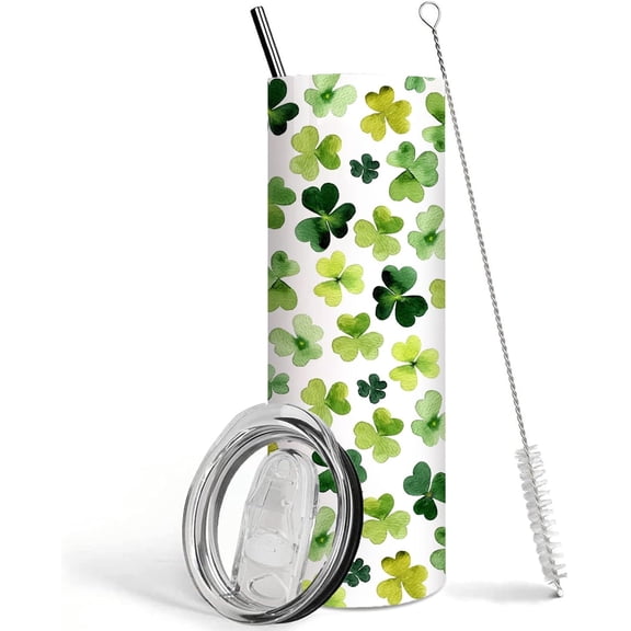 Green Irish Shamrocks Tumbler with Lid and Straw,St. Patrick''s Vacuum Insulated Tumbler With StrawTumbler, 20 oz Stainless Steel Tumbler