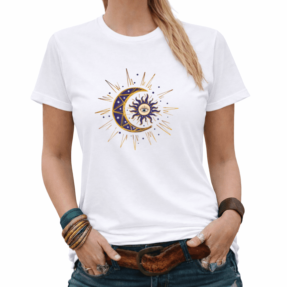 Giffimy Vintage Sun Moon Evil Eye Womens Print Tshirt Casual Graphic Tees White/Black S-5XL Tops