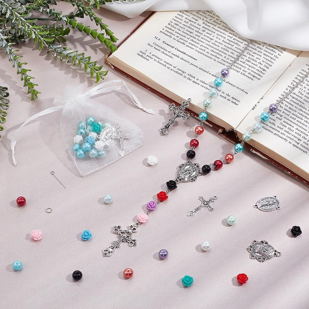 1set 767pcs Rosary Jewelry Making Kit Prayer Necklace Supplies 8mm Round Pearl Beads Cross Charms Pendants Flower Rose Beads for Rosary Bracelet Necklace Earring Easter Ramadan Jewelry Making