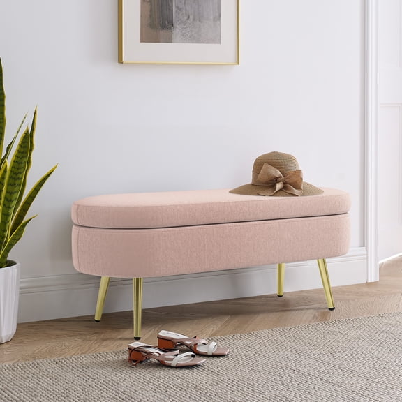 Oval Storage Ottoman Bench, Flannel Upholstered Footstool with Metal Legs, Hidden Storage Compartment, for Living Room, Bedroom, Entryway, Pink