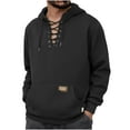thumbnail image 2 of VSSSJ Hoodies for Men Lace Up V Neck Thick Henley Sweatshirt Long Sleeve Loose Solid Vintage Drawstring Hooded Pullover Hoodie with Pocket Black M, 2 of 6
