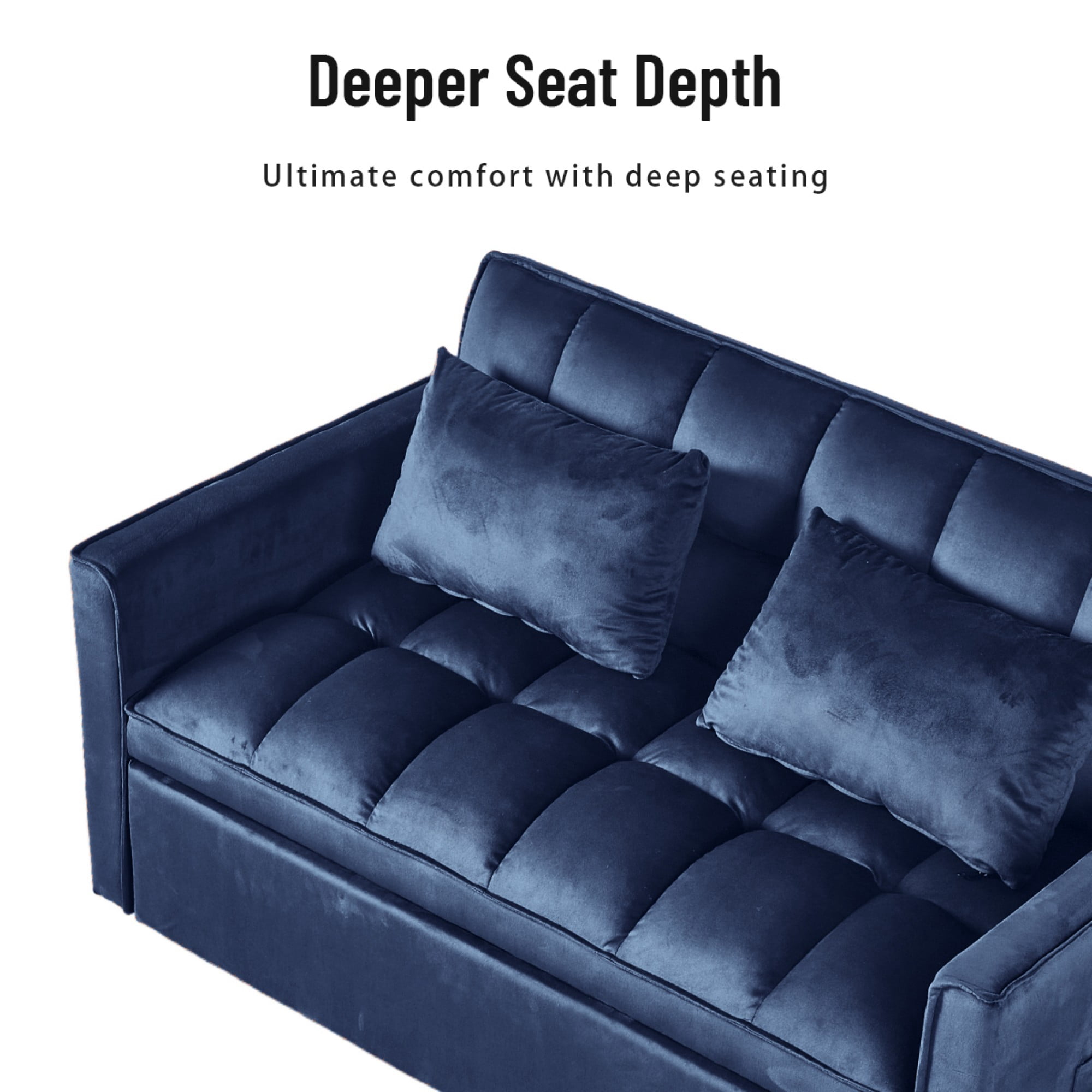 BSHTI 51.1" Pull-Out Sleeper Sofa Bed, Twin-Size Fold Out Sleeper, With 3 Angles Backrest Reclined, Velvet Upholstery, Side Storage Pocket and Two Pillows, Blue