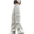 thumbnail image 2 of Plus Size Cargo Pants Women Straight Wide Leg Solid Color Drawstring Elastic Waist Fall Winter Casual Loose Sweatpants with Pockets,White,3XL, 2 of 3