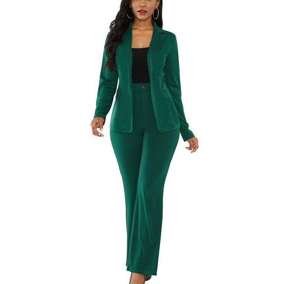 Women Suit Set Slim Fit Turn Down Collar Flap Pocket Straight Leg Pants Long Sleeve Women Suit Green XL