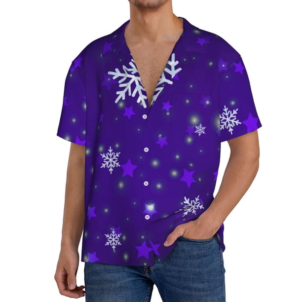 Balery Dark Purple Snowflakes Camisa Casual de Manga Corta con Botones para Hombre, Texturizada, Estilo Cubano, para Playa, Verano-3X-Large