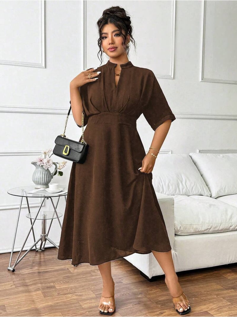 Brown Plus Size Women Elegant Casual Office Pleated Mid-Length Elastic Waist Loose V-Neck Short Sleeve Dress