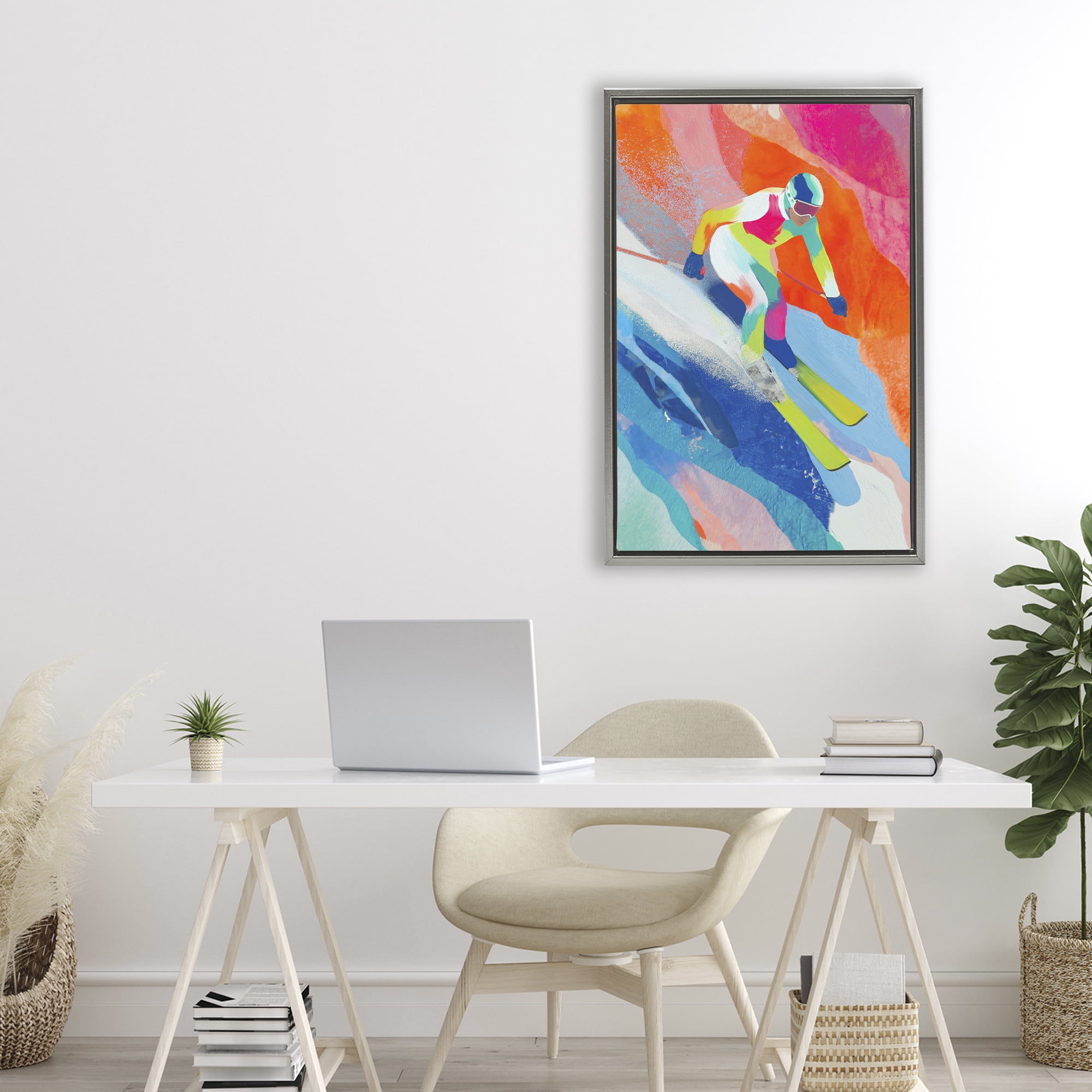 Stupell Industries Skiing Down Neon Slopes Gray Framed Floater Canvas Wall Art, design by Chromatic Storm Studio