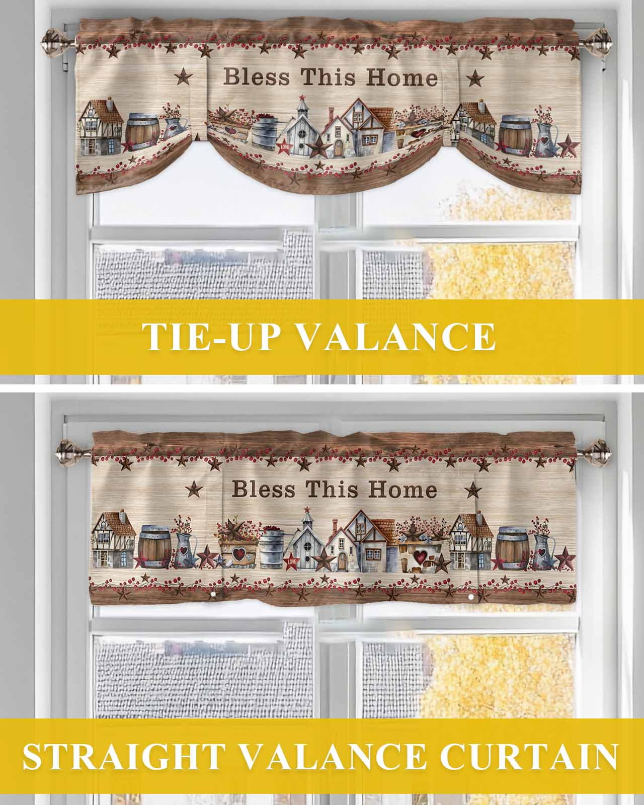 Bless This Tie Up Valances Curtain, Adjustable Kitchen Home Farmhouse Country Star Barn Retro Wood Grain Valances for Windows Decor, Rod Pocket Short Curtains Set for Bedroom/Bathroom, 54"x18"