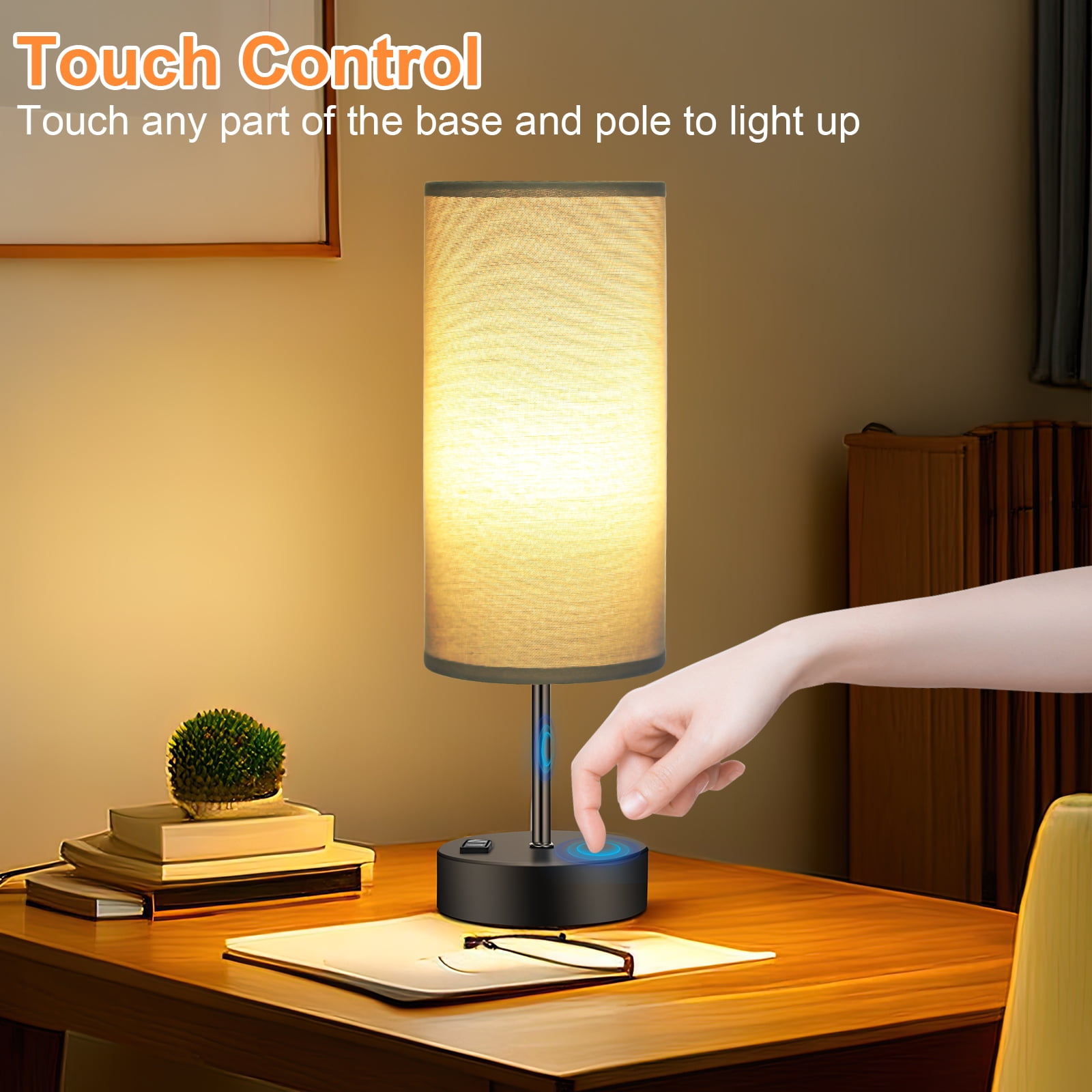 Table Lamps for Bedroom, 3 Way Dimmable Touch Control Bedside Lamp with USB C+A Fast Charging Ports, Nightstand Lamp for Office, Living Room, Reading(E26 Light Bulb Included), Grey