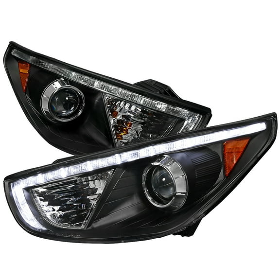 Projector Headlights w/ LED Light Strip (Matte Black Housing/Clear Lens) Made for and Compatible with 2010-2013 Hyundai Tucson