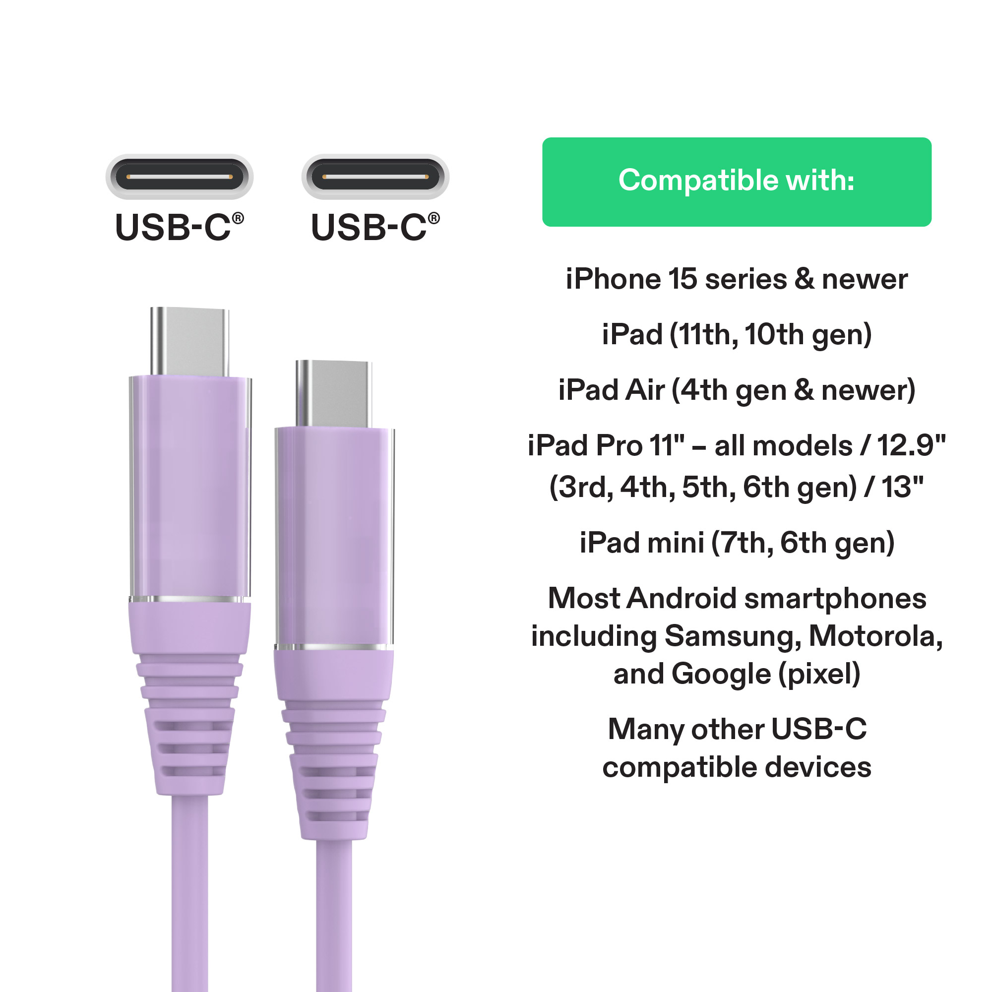 Cable de carga onn de 6 pies USB-C a USB-C, carga rápida, certificado USB-IF, compatible con iPhone serie 16 y 15, Samsung Galaxy, Note, dispositivos Pixel, iPad Pro y más - Púrpura 4