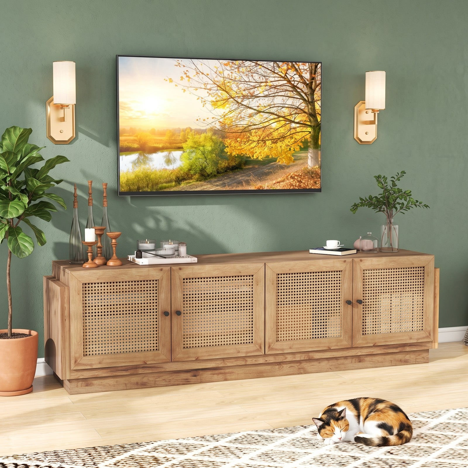 Furnibear Farmhouse TV Stand for TVs up to 75 Inches, 70 Inch Entertainment Center with PE Rattan Cabinet Doors and Adjustable Shelves, Rattan Media Console for, Oak