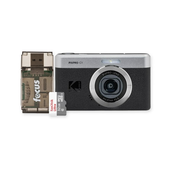 KODAK PIXPRO C1 13MP, 1080p Digital Camera (Black) Bundle with 32GB MicroSD Card and Card Reader (3-Items)