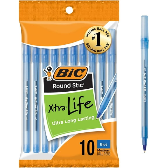 Bic Round Stic Xtra Life Medium Ballpoint Pen, Blue Ink, 10 Ea