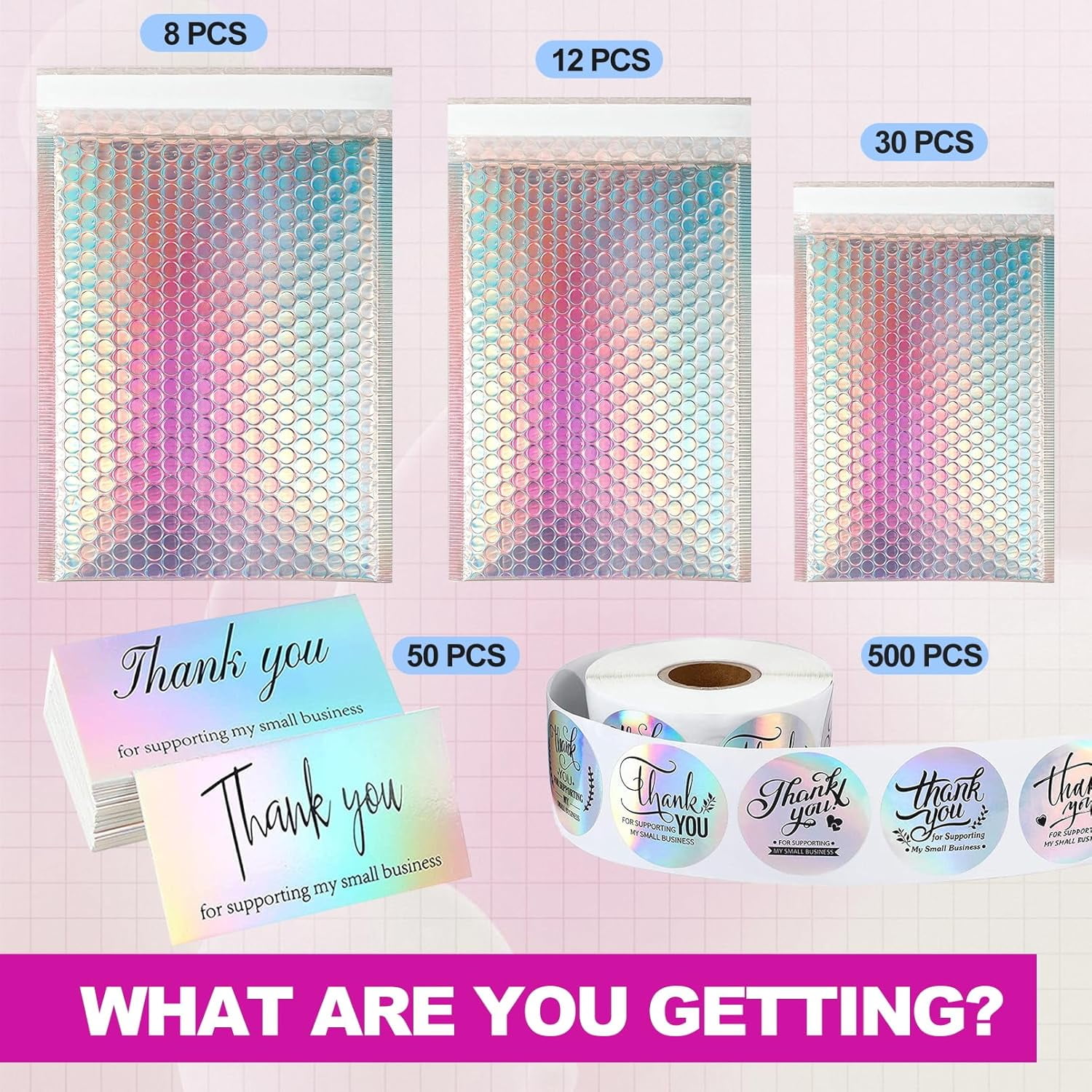 50 Pcs Holographic Bubble Mailers,Metallic Bubble Mailers With Thank You Cards and Stickers,Poly Padded Envelopes,Waterproof Self Sealing Shipping Bags for Mailing,Small Business