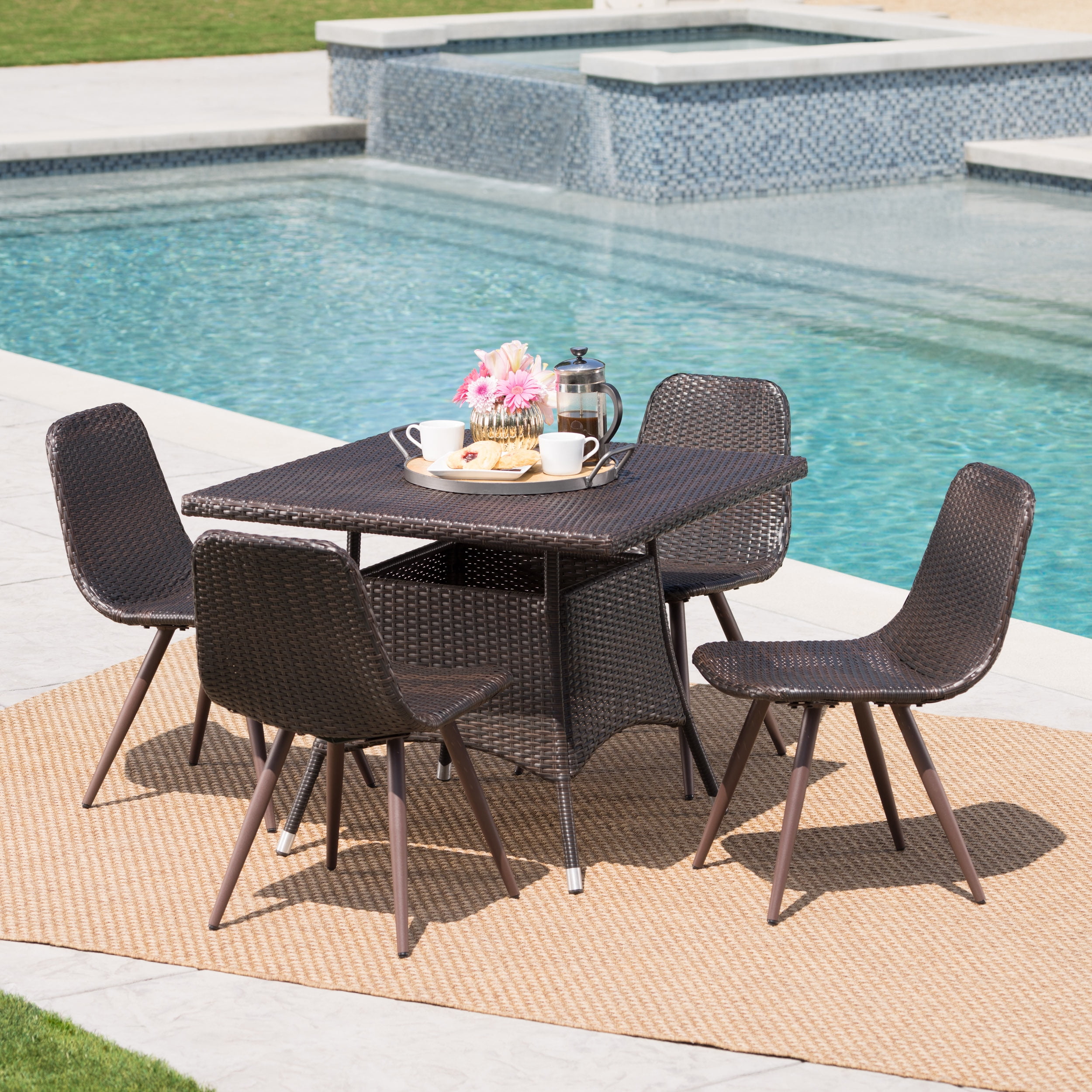 Hooper Outdoor 5 Piece Wicker Square Dining Set, Multibrown