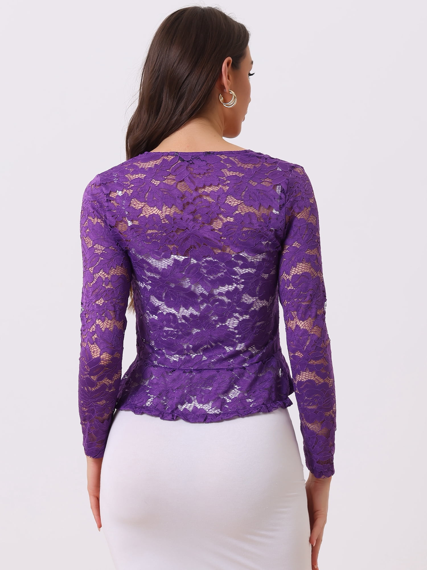DARING DIVA Women's Ruffled Hem Floral Lace Crop Shrug Cardigan S Violet Purple