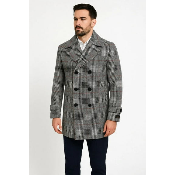 Mens Double-Breasted Houndstooth Plaid Overcoat in Black, White, and Red