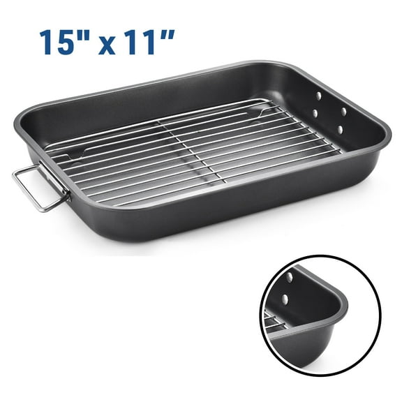 Bakeware Nonstick Steel Roaster with Flat Rack, 11-Inch x 15-Inch, Gray