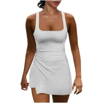 Lenpel Women's Tennis Dress with Built in Shorts Spaghetti Strap Square Neck Side Split Active Sleeveless Jumpsuits Athletic Short Rompers