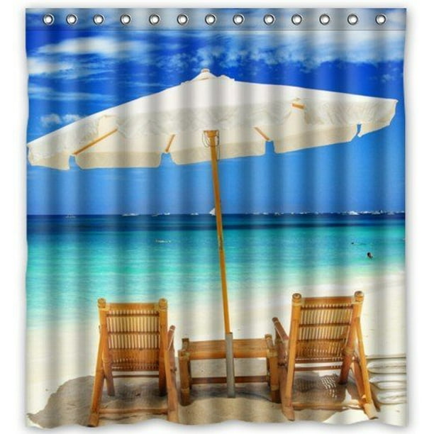HelloDecor Beach Chairs Shower Curtain Polyester Fabric Bathroom Decorative Curtain Size 66x72
