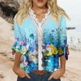 thumbnail image 2 of Dyegold Blouses For Women Dressy Casual 3/4 Flare Sleeve Lace Trim V Neck Floral Print Vintage Tunic Tops Loose Fit Shirts, 2 of 5
