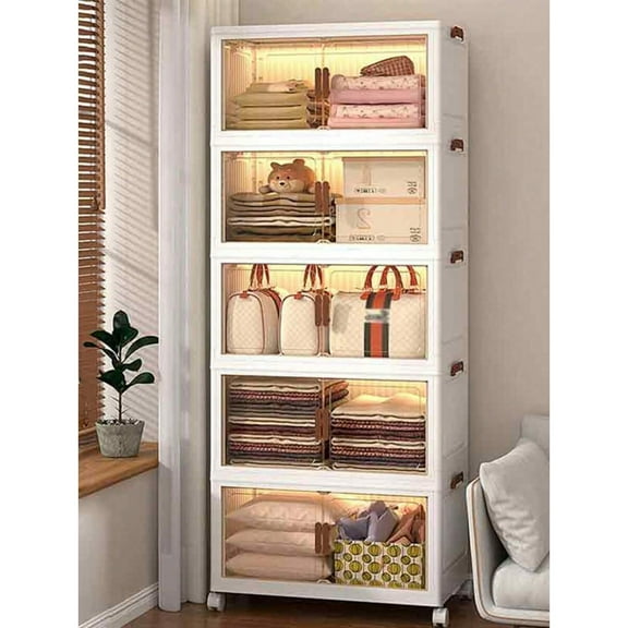 45cm/5layers Multi-Functional Covered Storage Box,Stackable Wide Storage Cabinet With Wheels,Portable Dust-Proof Folding Cabinet