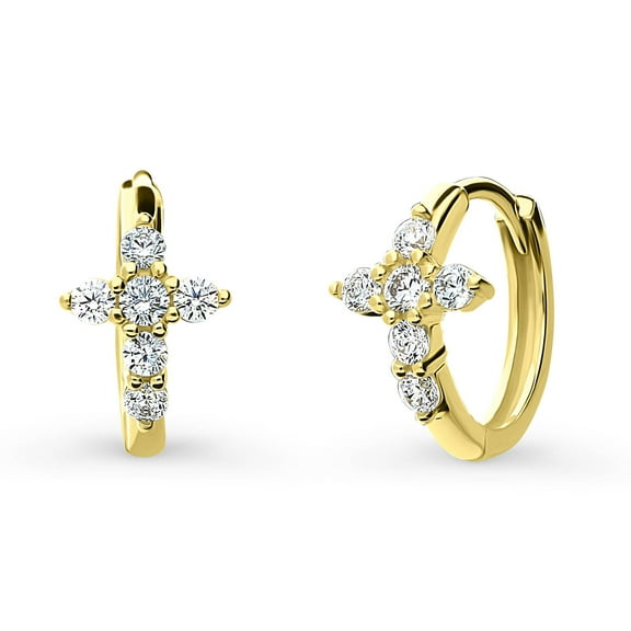 BERRICLE Sterling Silver Cross Cubic Zirconia CZ Small Fashion Hoop Huggie Earrings for Women 0.5 inch, Yellow Gold Flashed