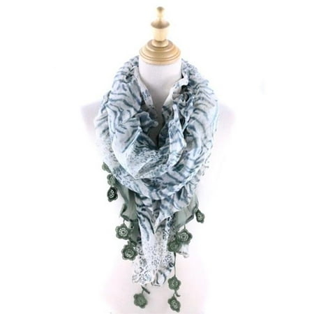 Ruffle Scarf - Memories QH-173-5-04 Leopard Ruffle Scarf with Flower Frince, White & Olive