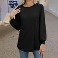 thumbnail image 2 of Lenpel Women's Embroidered Eyelet Tops Dressy Lantern Long Sleeve Crew Neck Pleated Loose T Shirts Business Casual Blouses(Black,XX-Large), 2 of 7
