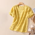 thumbnail image 2 of Yyeselk Summer Womens Cotton Linen Blouses Pullover Roll up Cuff Short Sleeves Round Neck Tunic Tops Casual Crochet Eyelet Pure Color Shirts Yellow M, 2 of 3