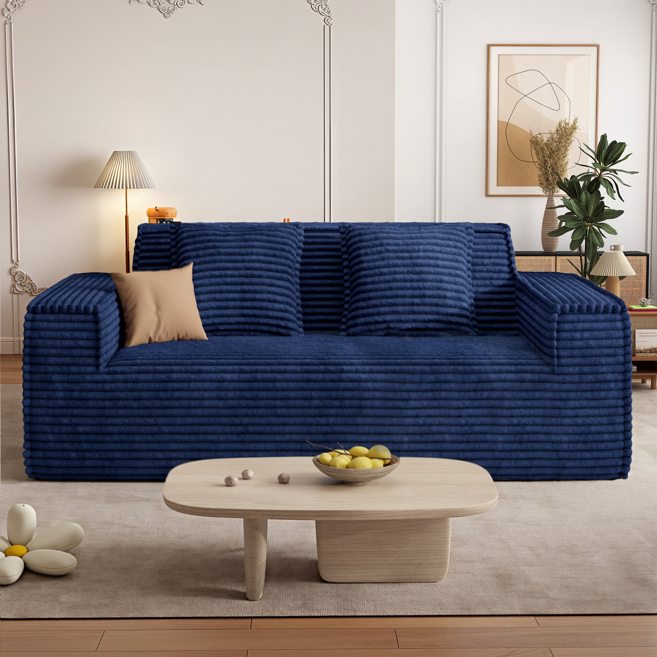 Hawsaiy 75" Corduroy Loveseat Sofa with Wide Armrests & Removable Pillows, No Assembly Foam Couch, Vacuum Packed, High-Density Support,Blue