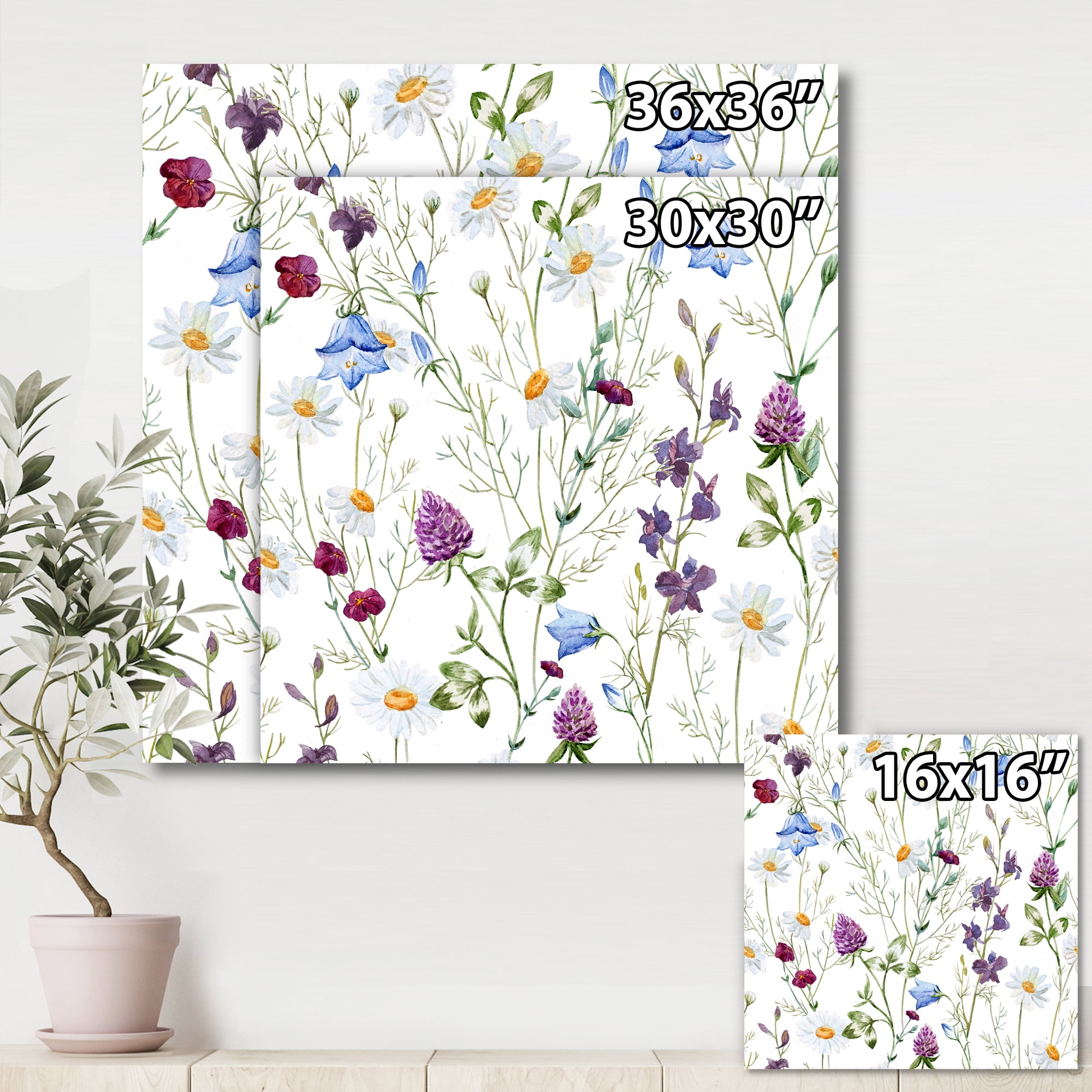 Wildflowers Clover Bell and Chamomile I 30 in x 30 in Painting Canvas Art Print, by Designart