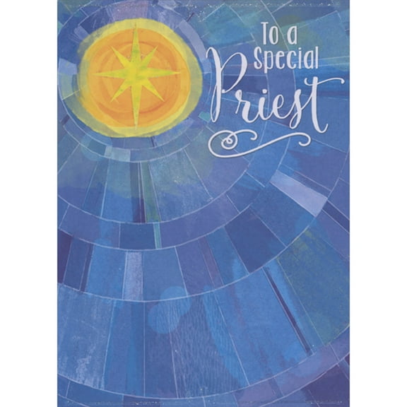 Designer Greetings Yellow Star with Blue and Purple Mosaic Starburst Pattern Christmas Card for Priest