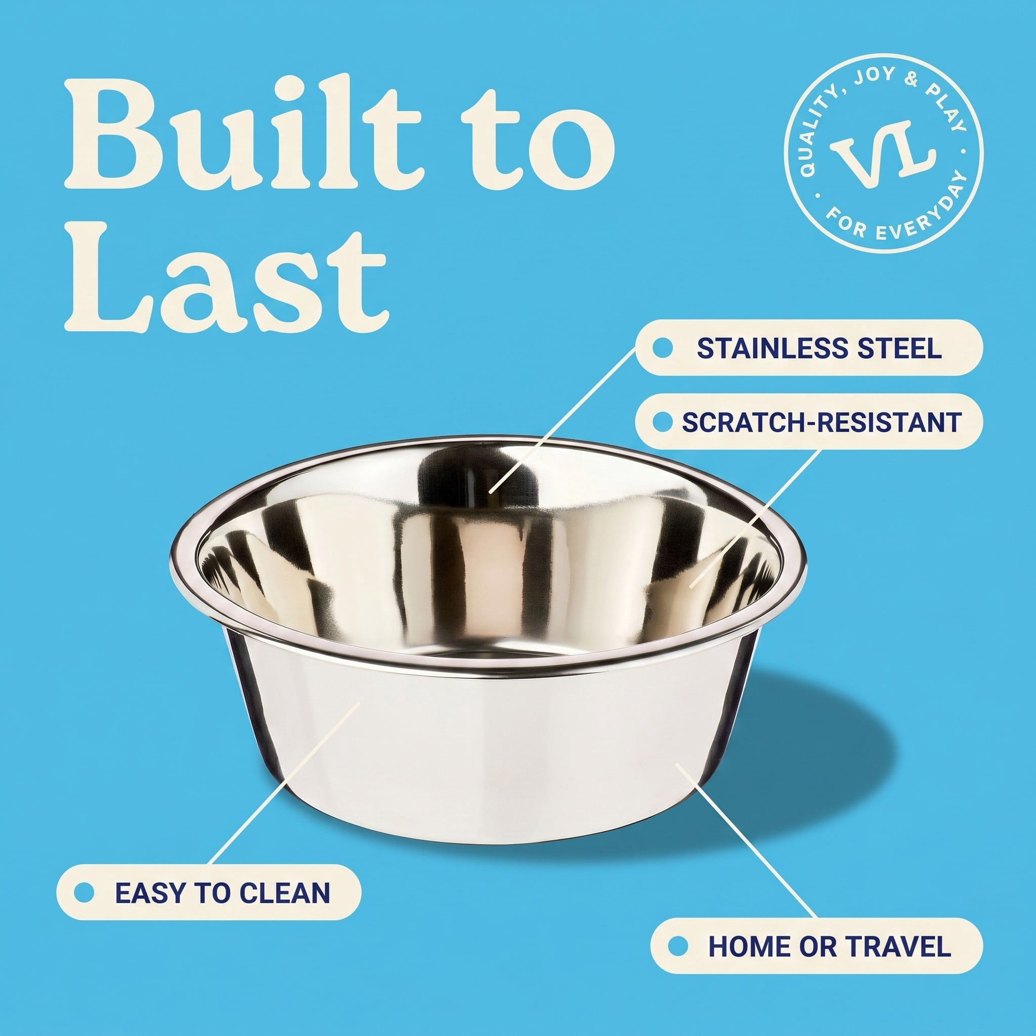 (3 pack) Vibrant Life Medium 7.6-Cup Stainless Steel Pet Bowl, Silver
