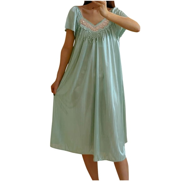 SZJXBUY Silk Nightgown Women Soft V Neck Short Sleeve Knee Length Nightdress Lace Neckline lounge Sleepwear Pajama Dress Green,Free Size