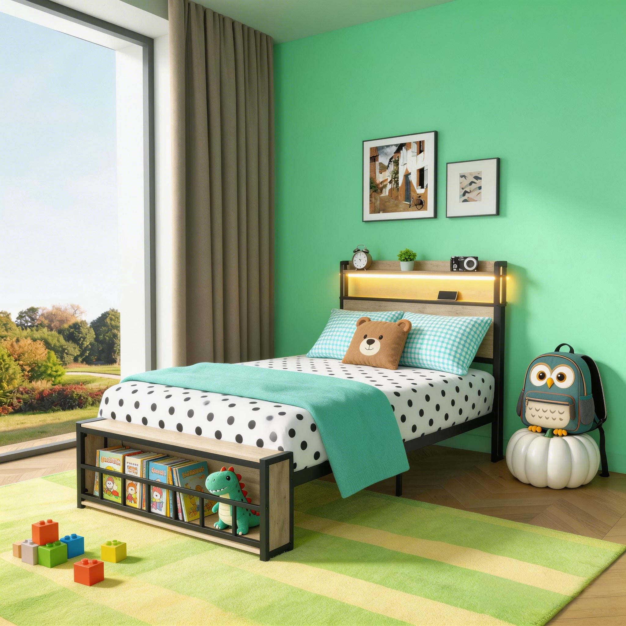 Mintazer Kids Twin Size Power Outlet Headboard and Footboard Shelves Storage Metal Platform Bed Frame with LED Light and USB Charging for Boys Girls, Gray