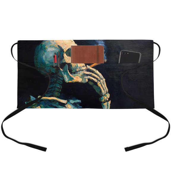 Blue Skeleton Waitress Apron with 3 Pockets, Halloween Horror Scary Oil Painting Skull Server Aprons Waterproof Kitchen Restaurant Half Waist Apron for Men Women
