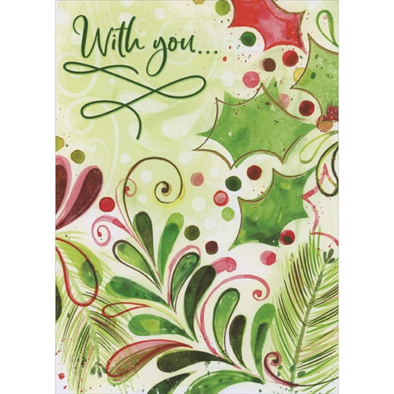 Designer Greetings Large Red and Green Watercolor Leaves and Pine Needles with Gold Foil Accents Christmas Card for Significant Other