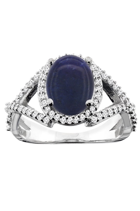 10K White Gold Natural Lapis Ring Oval 10x8mm Diamond Accent, size 5