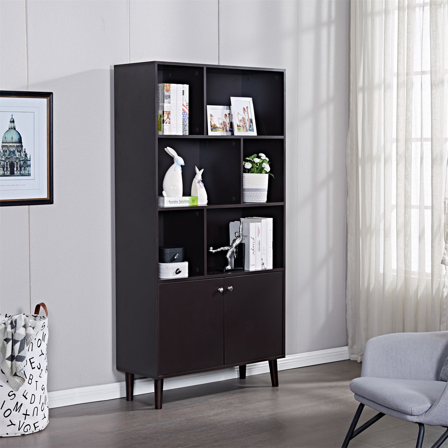 Canddidliike 67" Modern Bookcase, Wooden Bookshelf with 2 Doors & 6 Compartments - Coffee