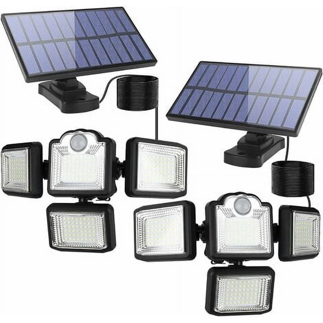 Luces solares con sensor de movimiento para interiores y exteriores, luces solares LED impermeables para exteriores, focos solares de 4 cabezales para patio trasero al aire libre para el hogar - Lo