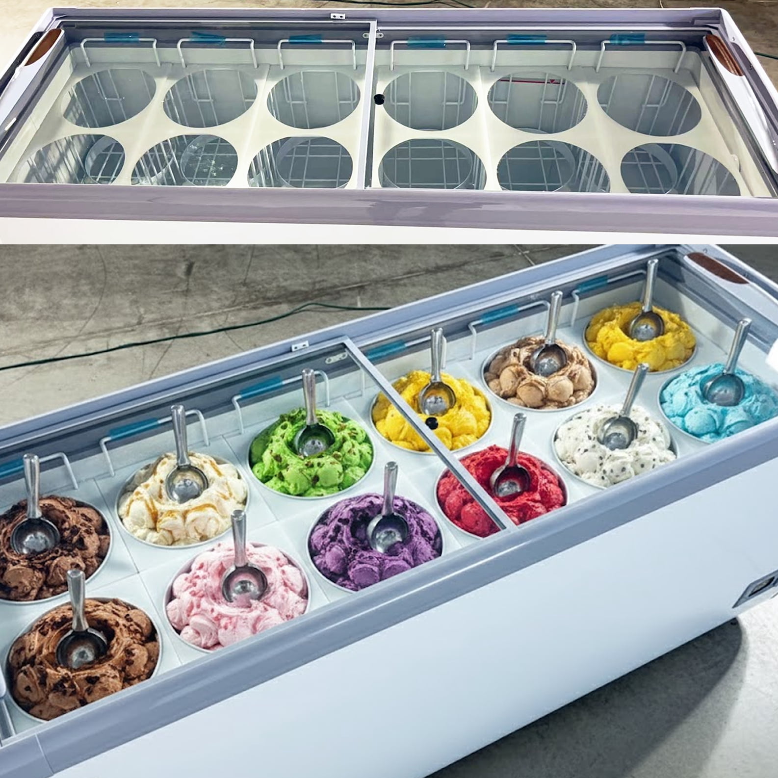 71” NSF Ice Cream Glass Dipping Cabinet Freezer, 12 Tub Gelato Showcase, Commercial Display Chest with Sliding Glass Lid