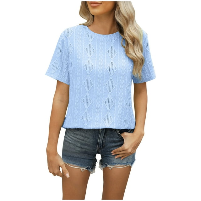 XMMSWDLA Hauts pour Femmes, Mode Décontractée à Manches Courtes Imprimé Floral Col Rond Chandail Blouse Bleue Printemps pour Femmes 2024