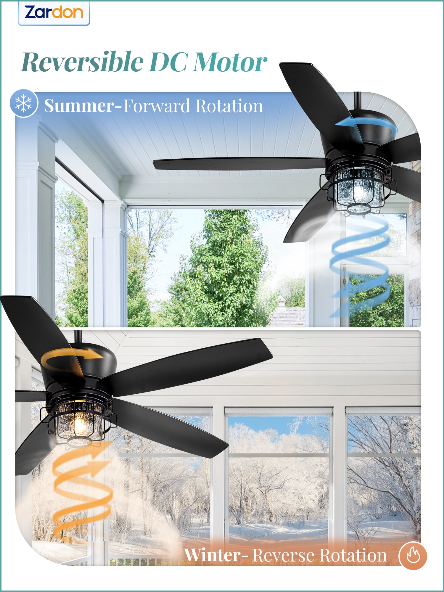 Zardon 52" Gazebo Fan for Patio, Outdoor Ceiling Fan with LED Light and Remote, Farmhouse IP65 Waterproof for Porch, Quiet DC Motor and 6 Speeds, Black