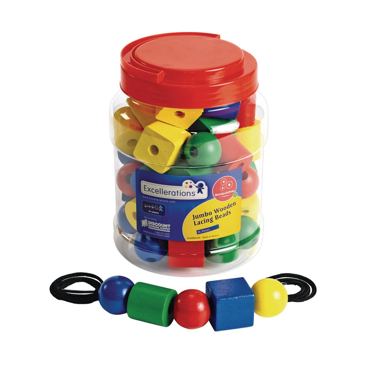 Excelleration Jumbo Lacing Beads with String in Jar, 36 Pieces, Fine Motor Development