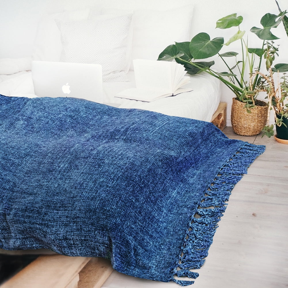 PAVILIA Blue Chenille Throw Blanket for Couch, Soft Blue Knit Blanket with Tassel Fringe, Woven Chenille Knitted Decorative Blanket for Sofa Bed Living Room, Decor Gift, 50x60